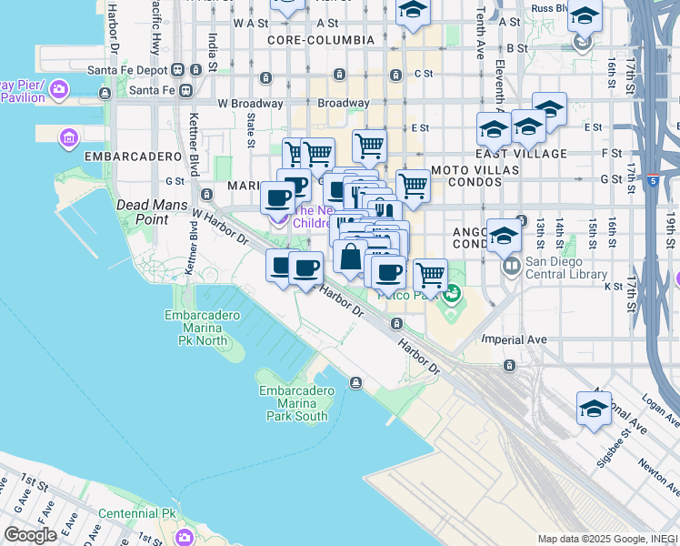 map of restaurants, bars, coffee shops, grocery stores, and more near 200 West Harbor Drive in San Diego