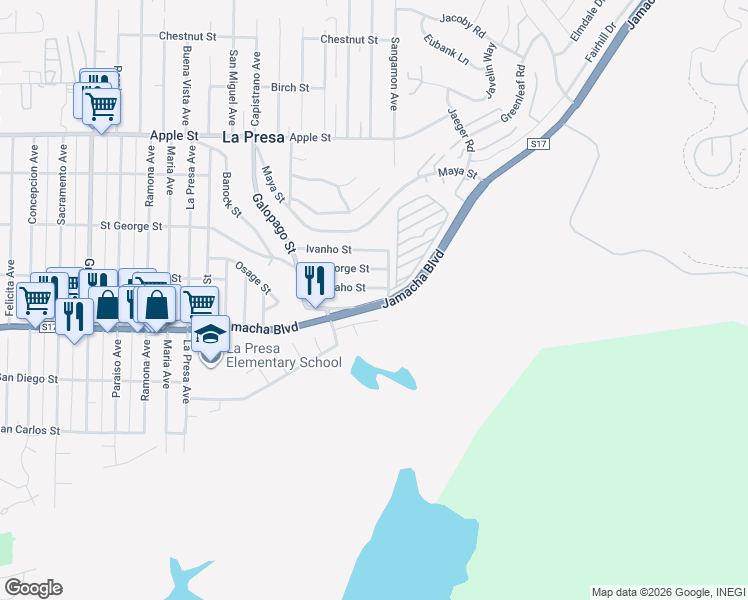 map of restaurants, bars, coffee shops, grocery stores, and more near 9855 Arapaho Street in Spring Valley