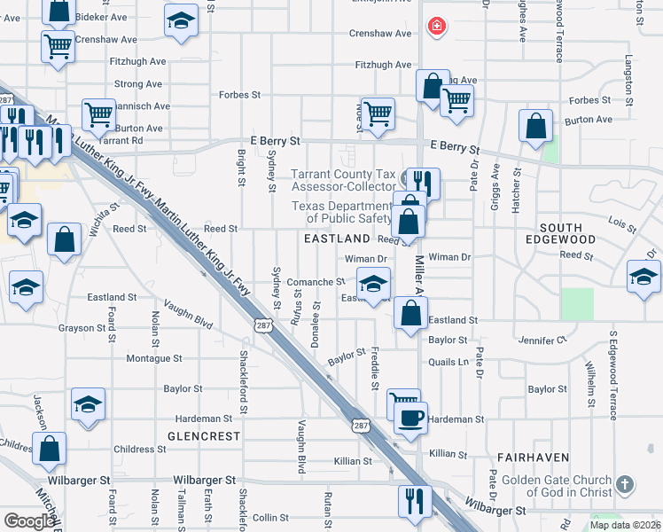 map of restaurants, bars, coffee shops, grocery stores, and more near 3641 Donalee Street in Fort Worth