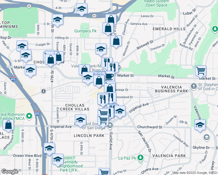 map of restaurants, bars, coffee shops, grocery stores, and more near 346 Euclid Avenue in San Diego