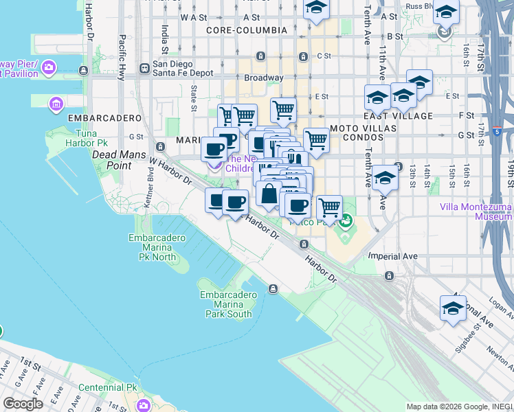 map of restaurants, bars, coffee shops, grocery stores, and more near 200 West Harbor Drive in San Diego