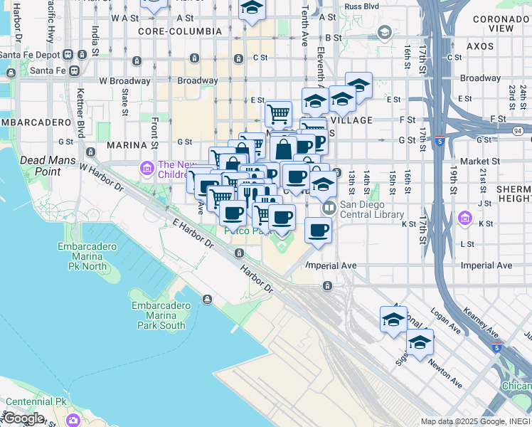 map of restaurants, bars, coffee shops, grocery stores, and more near 325 Seventh Avenue in San Diego