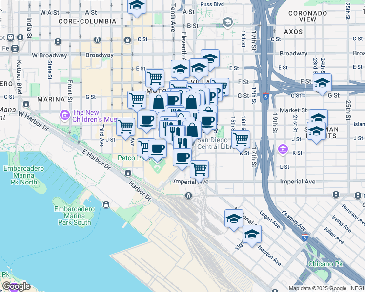 map of restaurants, bars, coffee shops, grocery stores, and more near 330 Park Boulevard in San Diego