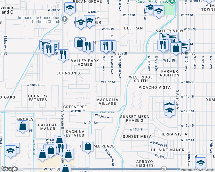 map of restaurants, bars, coffee shops, grocery stores, and more near 1025 South 20th Avenue in Yuma