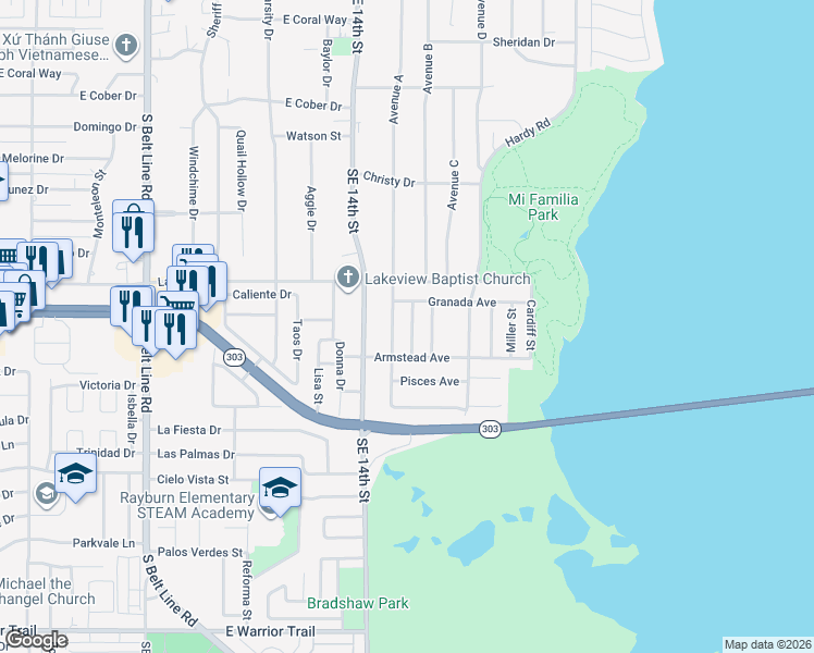 map of restaurants, bars, coffee shops, grocery stores, and more near 2437 Grant Street in Grand Prairie