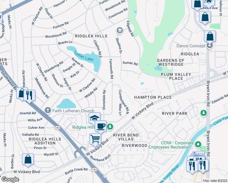 map of restaurants, bars, coffee shops, grocery stores, and more near 4301 Tamworth Road in Fort Worth