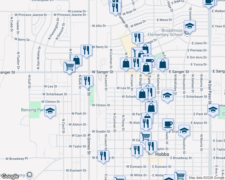 map of restaurants, bars, coffee shops, grocery stores, and more near 503 West Lea Street in Hobbs