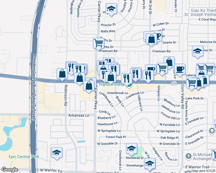 map of restaurants, bars, coffee shops, grocery stores, and more near 709 Texas 303 Spur in Grand Prairie