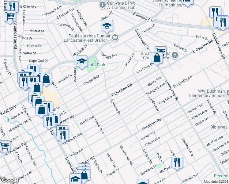 map of restaurants, bars, coffee shops, grocery stores, and more near 2421 East Overton Road in Dallas