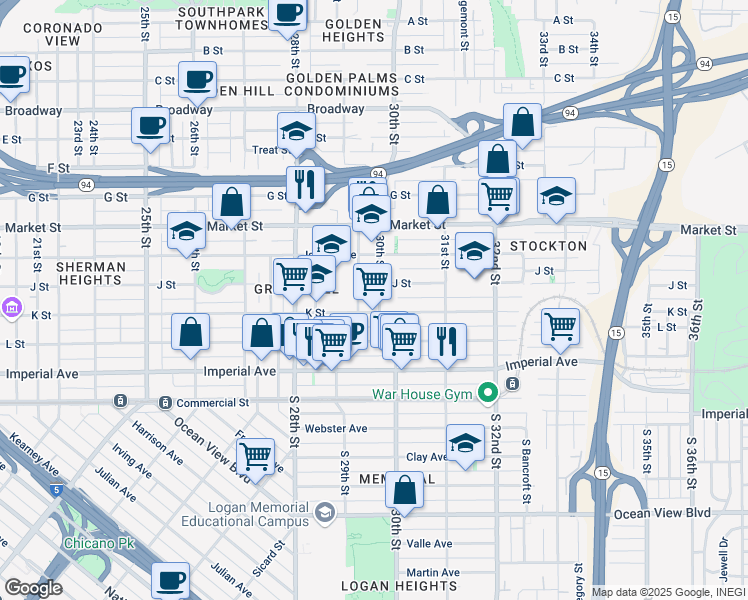 map of restaurants, bars, coffee shops, grocery stores, and more near 320 30th Street in San Diego