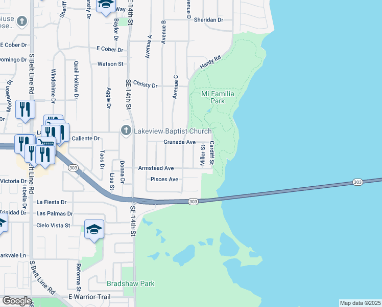 map of restaurants, bars, coffee shops, grocery stores, and more near 2438 Hardy Road in Grand Prairie