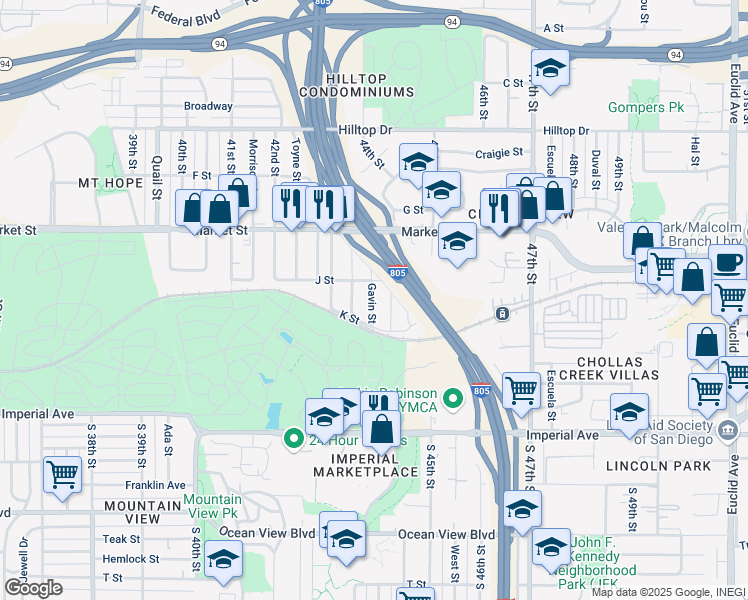 map of restaurants, bars, coffee shops, grocery stores, and more near 355 Gavin Street in San Diego