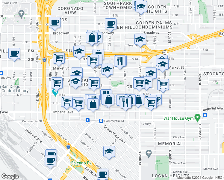 map of restaurants, bars, coffee shops, grocery stores, and more near 321 26th Street in San Diego
