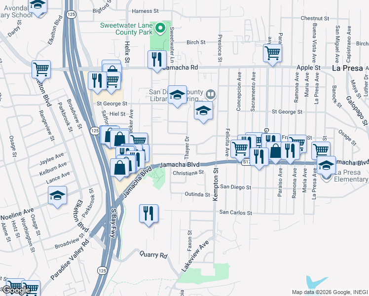 map of restaurants, bars, coffee shops, grocery stores, and more near 9049 Orville Street in Spring Valley
