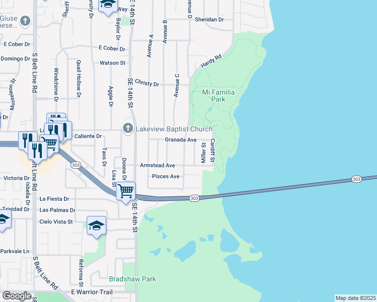 map of restaurants, bars, coffee shops, grocery stores, and more near 2438 Hardy Road in Grand Prairie