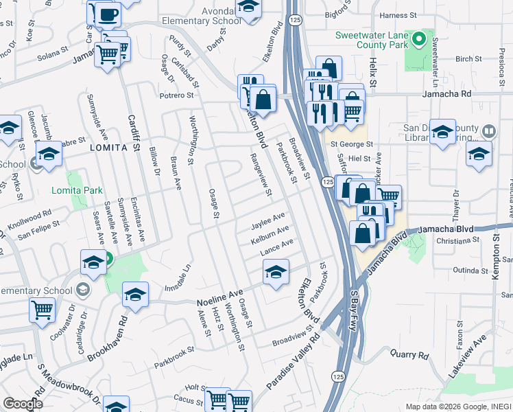 map of restaurants, bars, coffee shops, grocery stores, and more near 8838 Innsdale Avenue in Spring Valley