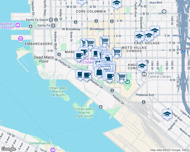 map of restaurants, bars, coffee shops, grocery stores, and more near 100 North Harbor Drive in San Diego