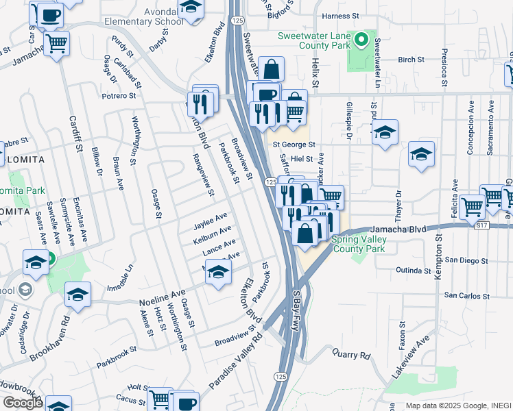 map of restaurants, bars, coffee shops, grocery stores, and more near 744 Broadview Street in Spring Valley