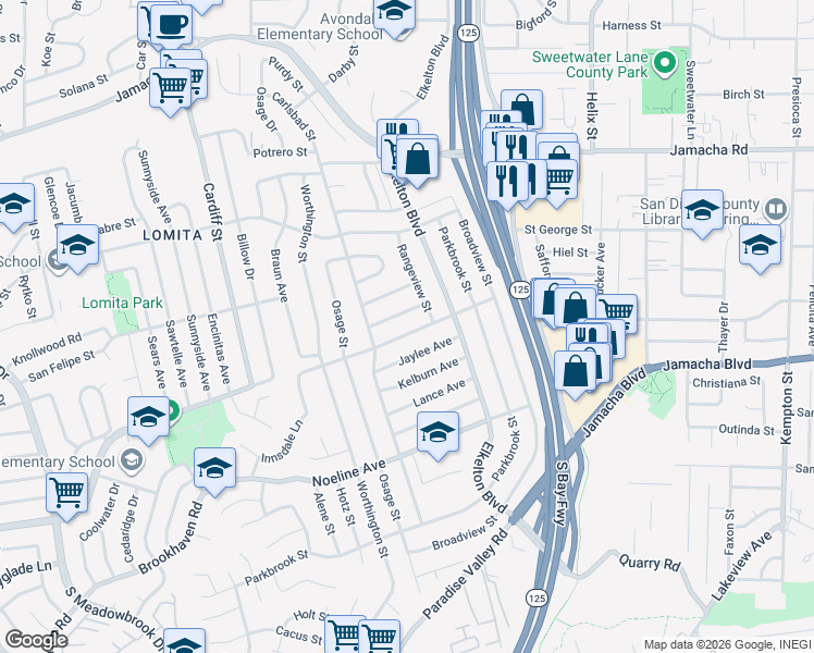 map of restaurants, bars, coffee shops, grocery stores, and more near 8850 Innsdale Avenue in Spring Valley