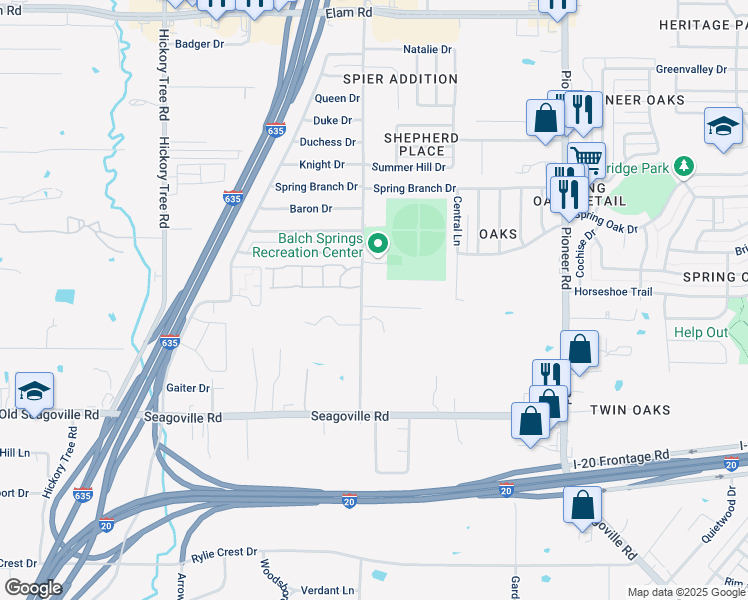 map of restaurants, bars, coffee shops, grocery stores, and more near 4416 Shepherd Lane in Balch Springs