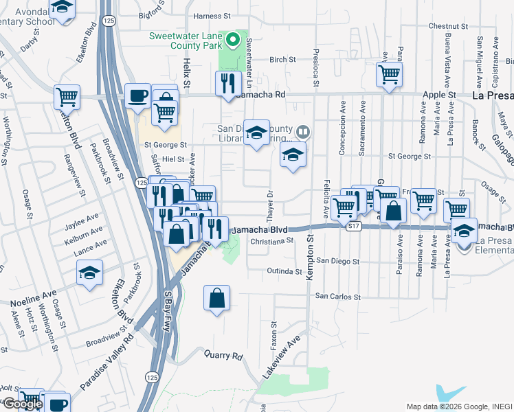 map of restaurants, bars, coffee shops, grocery stores, and more near 9049 Orville Street in Spring Valley