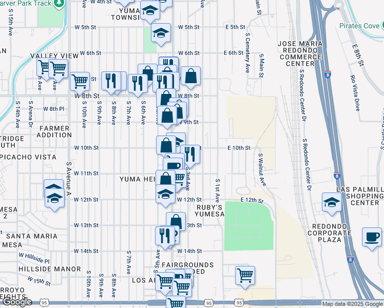 map of restaurants, bars, coffee shops, grocery stores, and more near 1000-1098 S 2nd Ave in Yuma