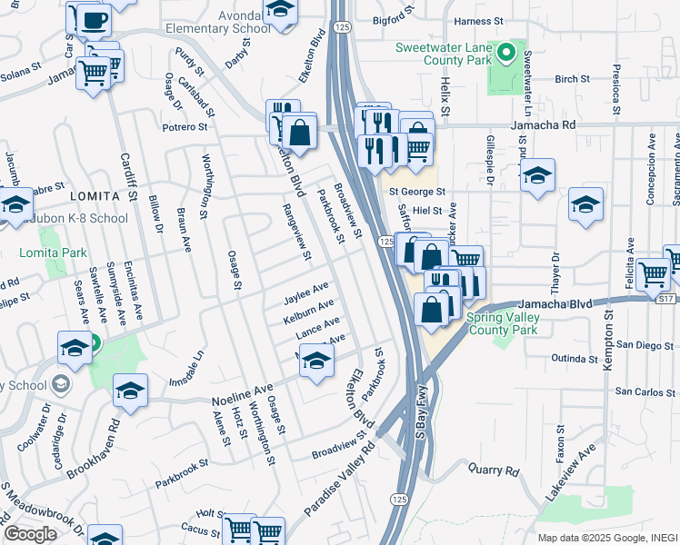 map of restaurants, bars, coffee shops, grocery stores, and more near 753 Elkelton Boulevard in Spring Valley