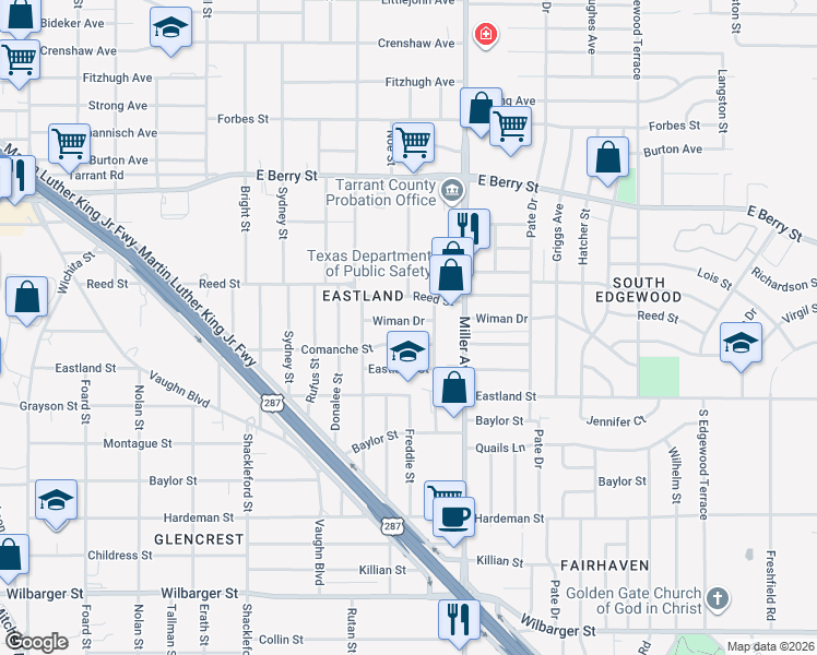map of restaurants, bars, coffee shops, grocery stores, and more near 4112 Wiman Drive in Fort Worth