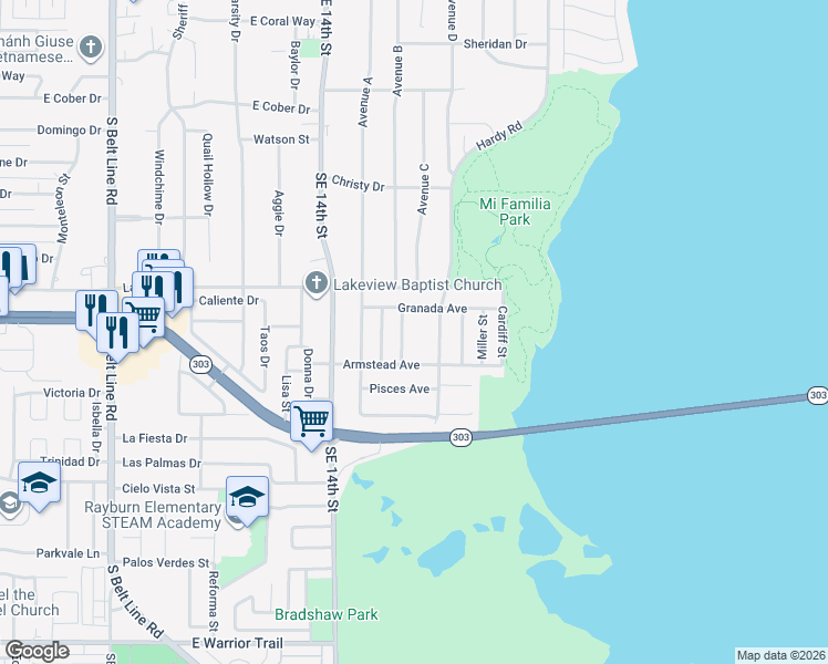map of restaurants, bars, coffee shops, grocery stores, and more near 2438 Harrison Street in Grand Prairie