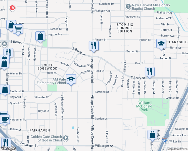 map of restaurants, bars, coffee shops, grocery stores, and more near 3713 Village Creek Road in Fort Worth