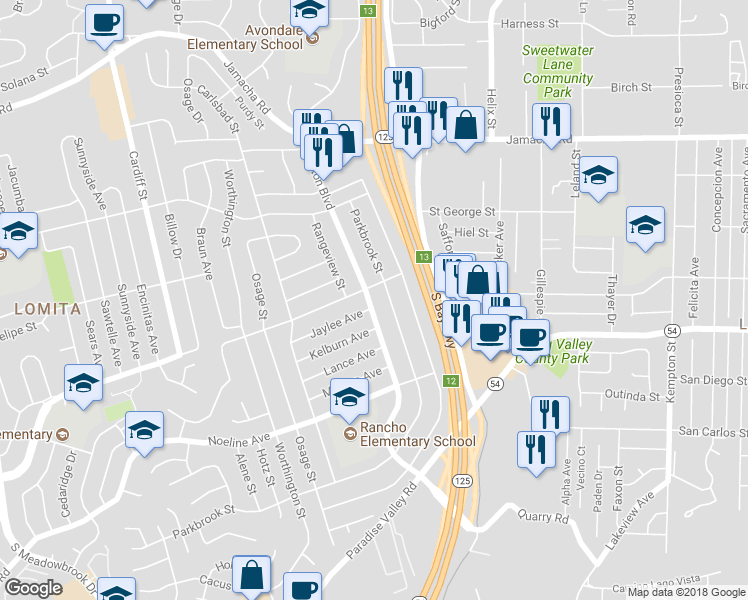 map of restaurants, bars, coffee shops, grocery stores, and more near 753 Elkelton Boulevard in Spring Valley