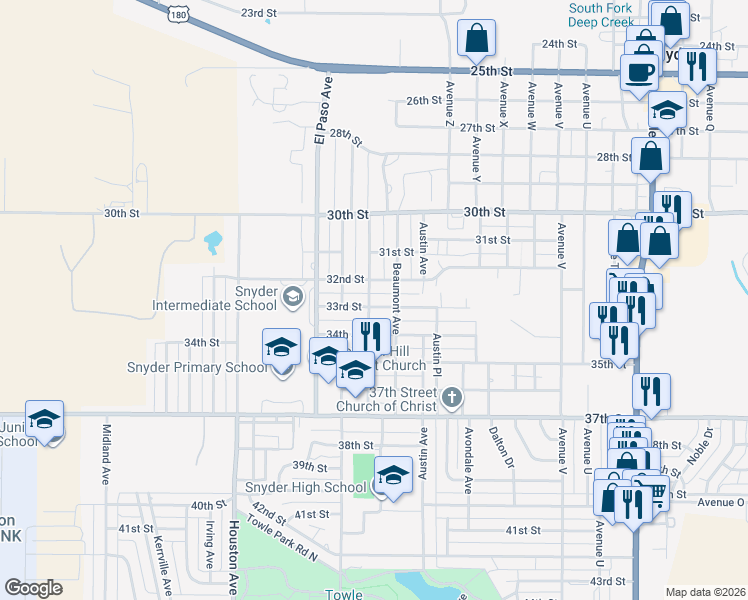 map of restaurants, bars, coffee shops, grocery stores, and more near 2807 33rd Street in Snyder