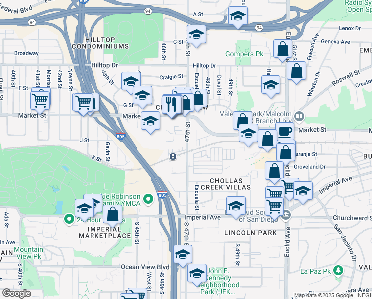 map of restaurants, bars, coffee shops, grocery stores, and more near in San Diego