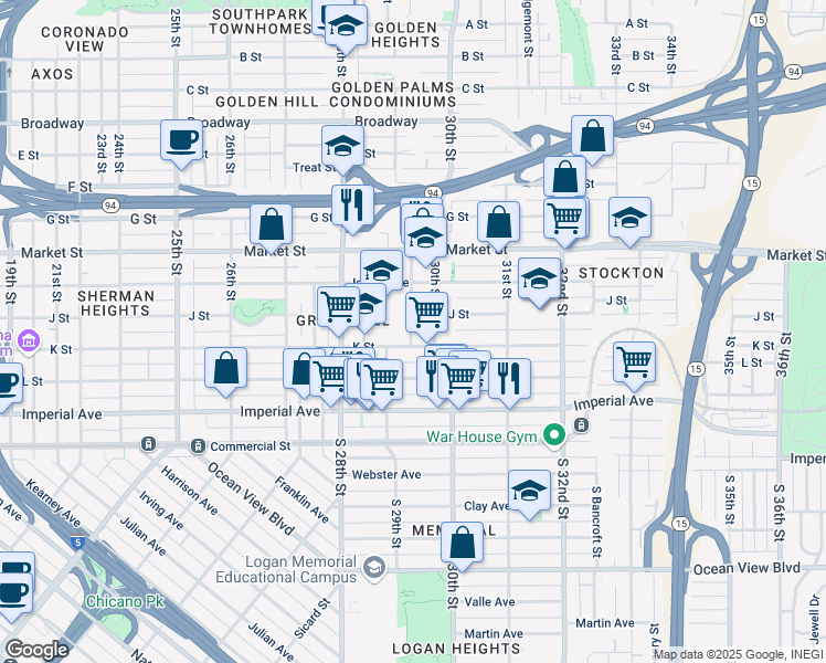 map of restaurants, bars, coffee shops, grocery stores, and more near 320 30th Street in San Diego