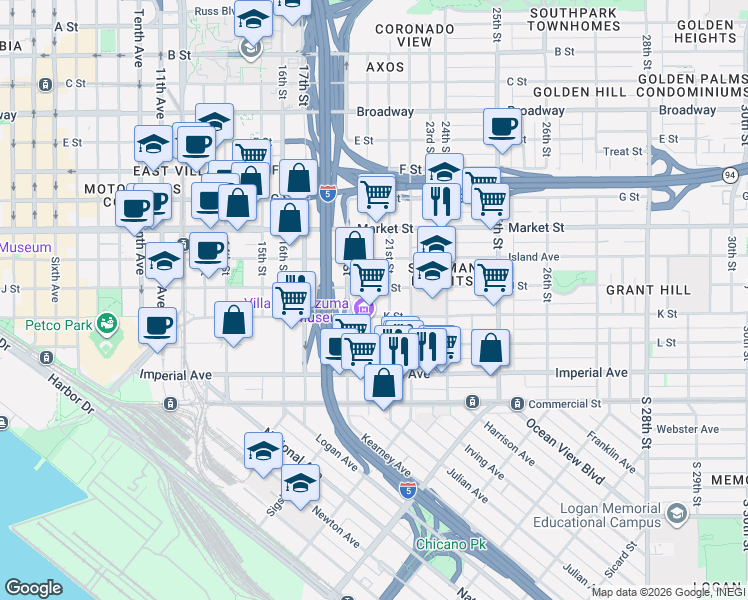 map of restaurants, bars, coffee shops, grocery stores, and more near 331 20th Street in San Diego