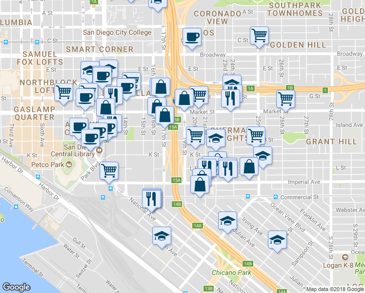 map of restaurants, bars, coffee shops, grocery stores, and more near 344 19th Street in San Diego