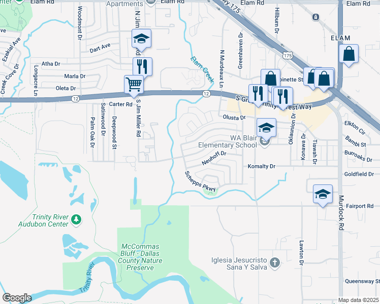 map of restaurants, bars, coffee shops, grocery stores, and more near 7309 Gayglen Drive in Dallas