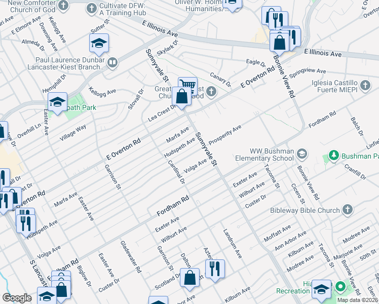 map of restaurants, bars, coffee shops, grocery stores, and more near 2632 Hudspeth Avenue in Dallas