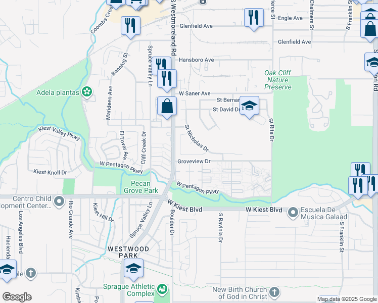 map of restaurants, bars, coffee shops, grocery stores, and more near 3149 Saint Sophia Drive in Dallas