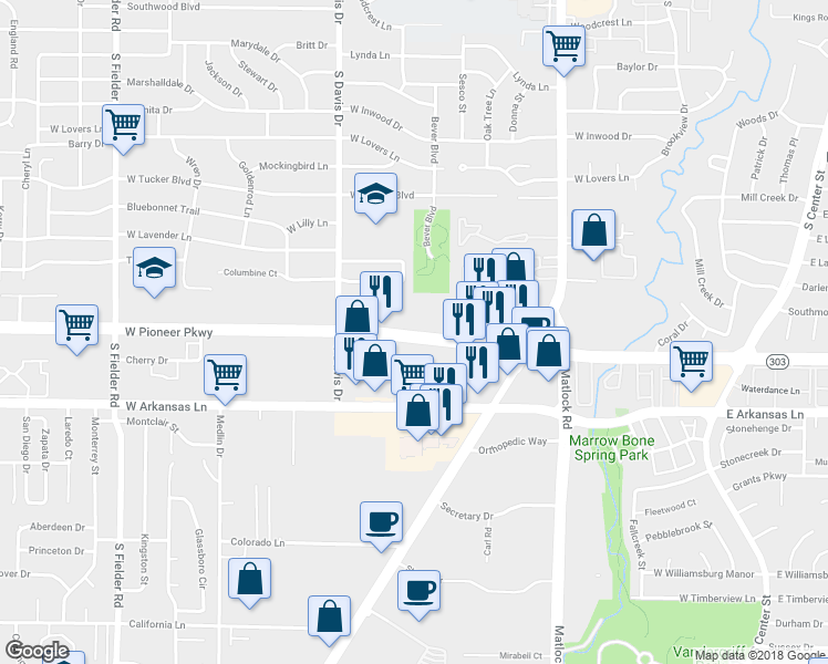 map of restaurants, bars, coffee shops, grocery stores, and more near 1027 West Pioneer Parkway in Arlington