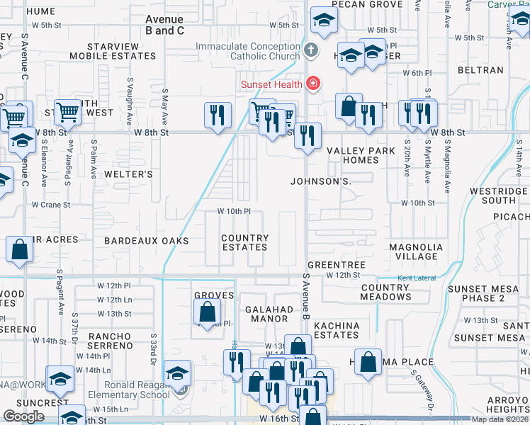 map of restaurants, bars, coffee shops, grocery stores, and more near South Brahma Lane in Yuma