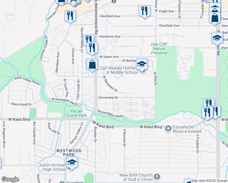 map of restaurants, bars, coffee shops, grocery stores, and more near 3027 Saint Nicholas Drive in Dallas