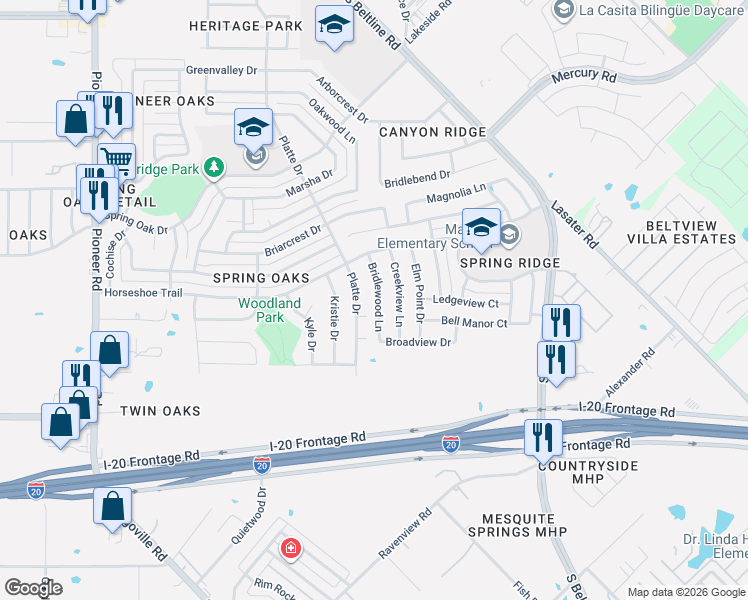 map of restaurants, bars, coffee shops, grocery stores, and more near 4701 Bridlewood Lane in Balch Springs