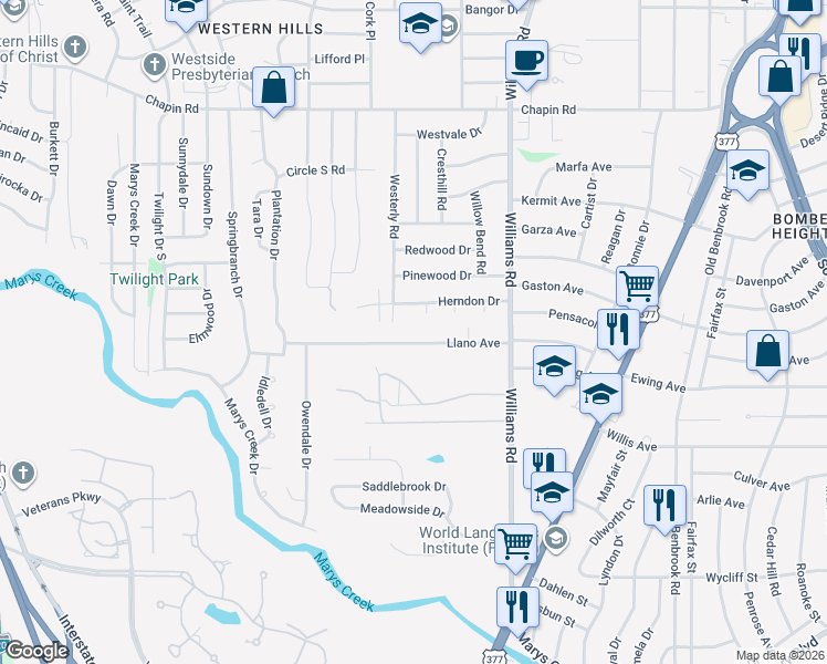 map of restaurants, bars, coffee shops, grocery stores, and more near 8116 Llano Avenue in Benbrook