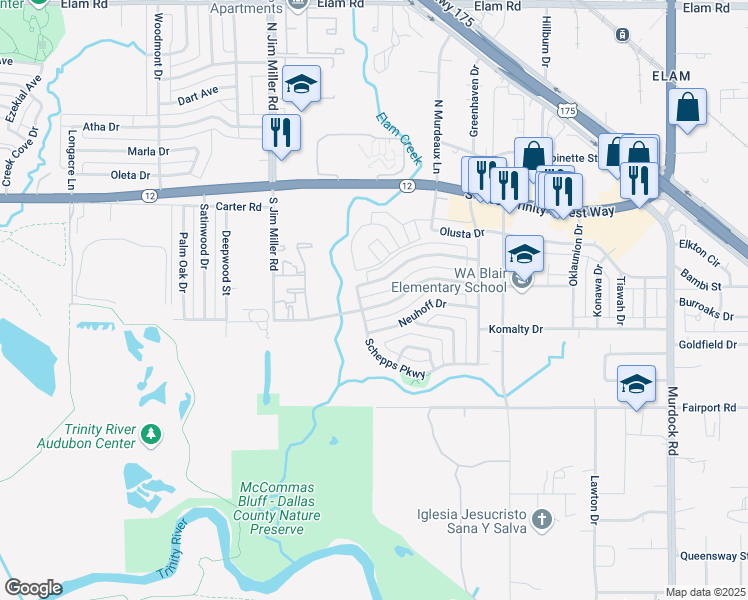 map of restaurants, bars, coffee shops, grocery stores, and more near 7309 Gayglen Drive in Dallas