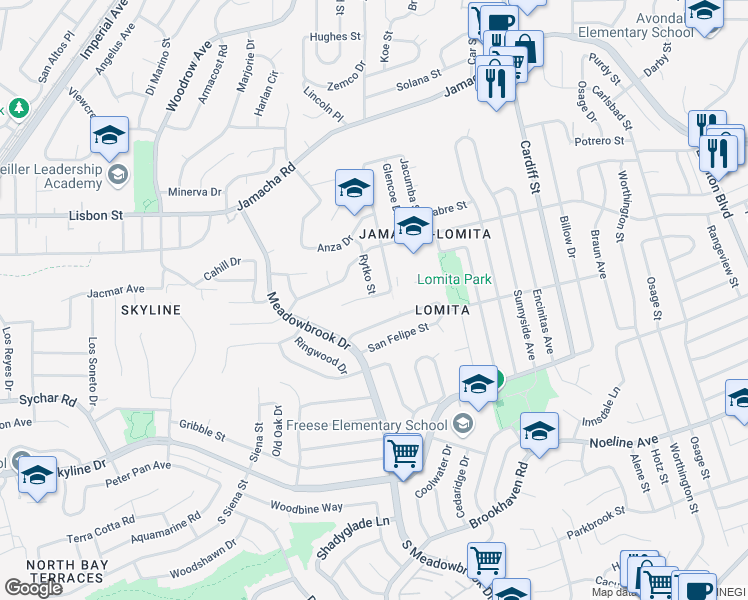 map of restaurants, bars, coffee shops, grocery stores, and more near 8005 Pala Street in San Diego