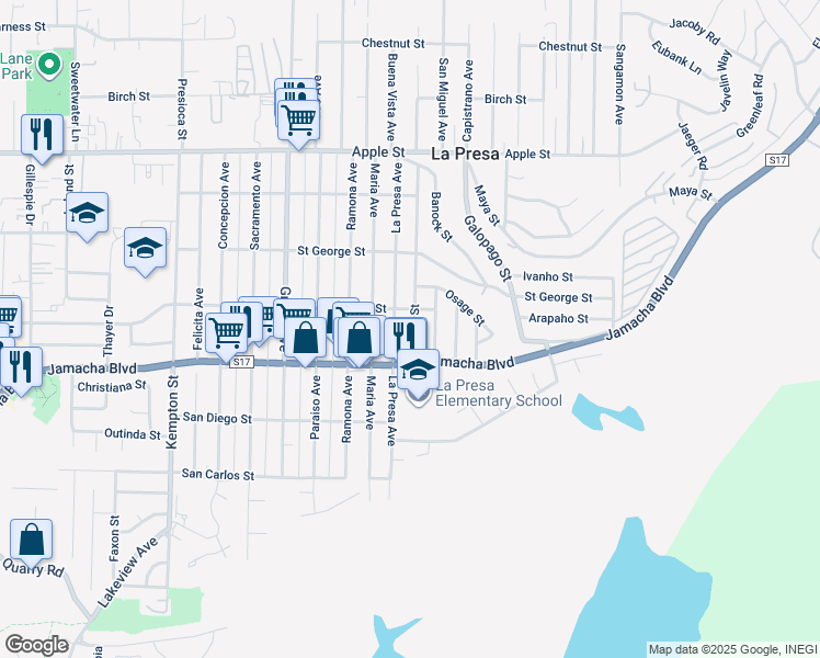 map of restaurants, bars, coffee shops, grocery stores, and more near 640 Pecos Street in Spring Valley