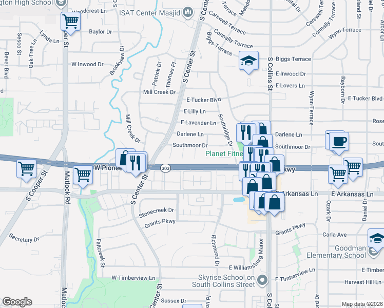map of restaurants, bars, coffee shops, grocery stores, and more near 2104 Lejuan Court in Arlington
