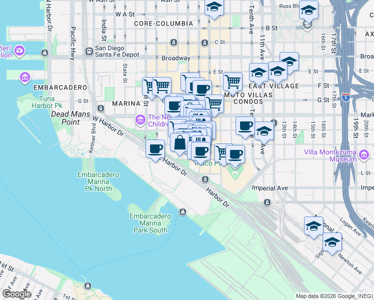 map of restaurants, bars, coffee shops, grocery stores, and more near 372 4th Avenue in San Diego