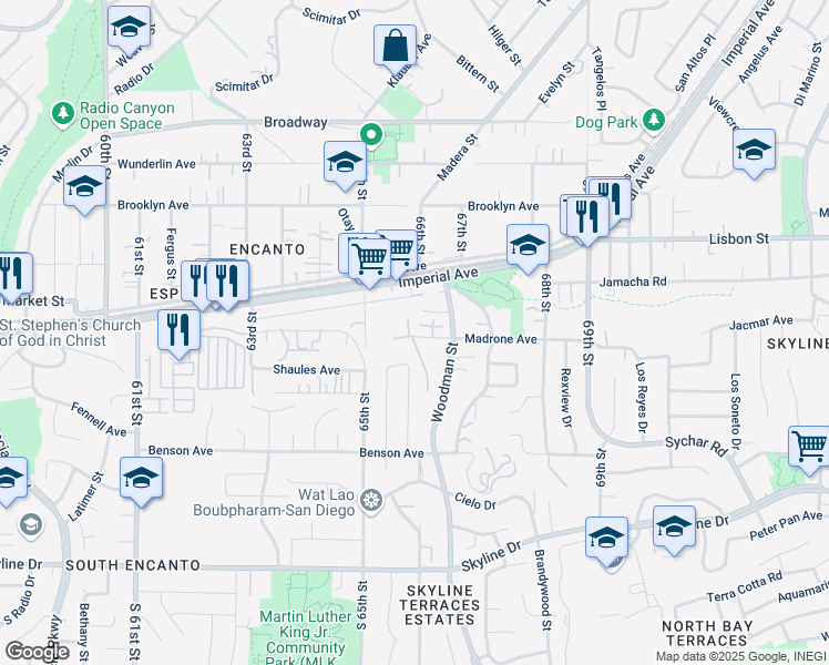 map of restaurants, bars, coffee shops, grocery stores, and more near 407 66th Street in San Diego
